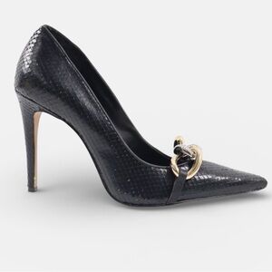 Karl Lagerfeld Paris Black Snake-Embossed Chain Pumps Crystal Gold Heels